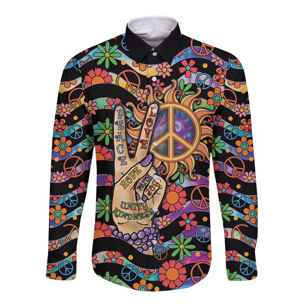 Hippie Long Sleeve Button Shirt Hand Gesture V With Peace Symbol - Wonder Print Shop