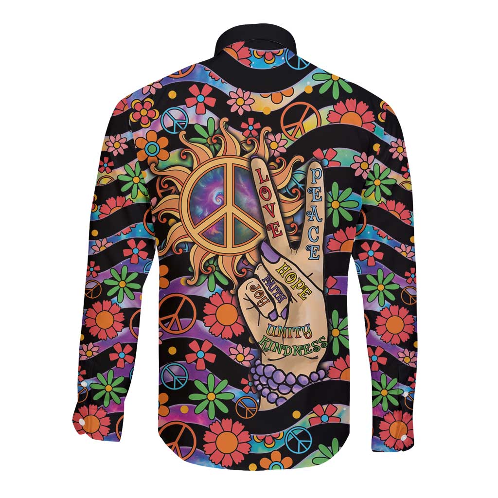 Hippie Long Sleeve Button Shirt Hand Gesture V With Peace Symbol - Wonder Print Shop