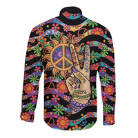 Hippie Long Sleeve Button Shirt Hand Gesture V With Peace Symbol - Wonder Print Shop