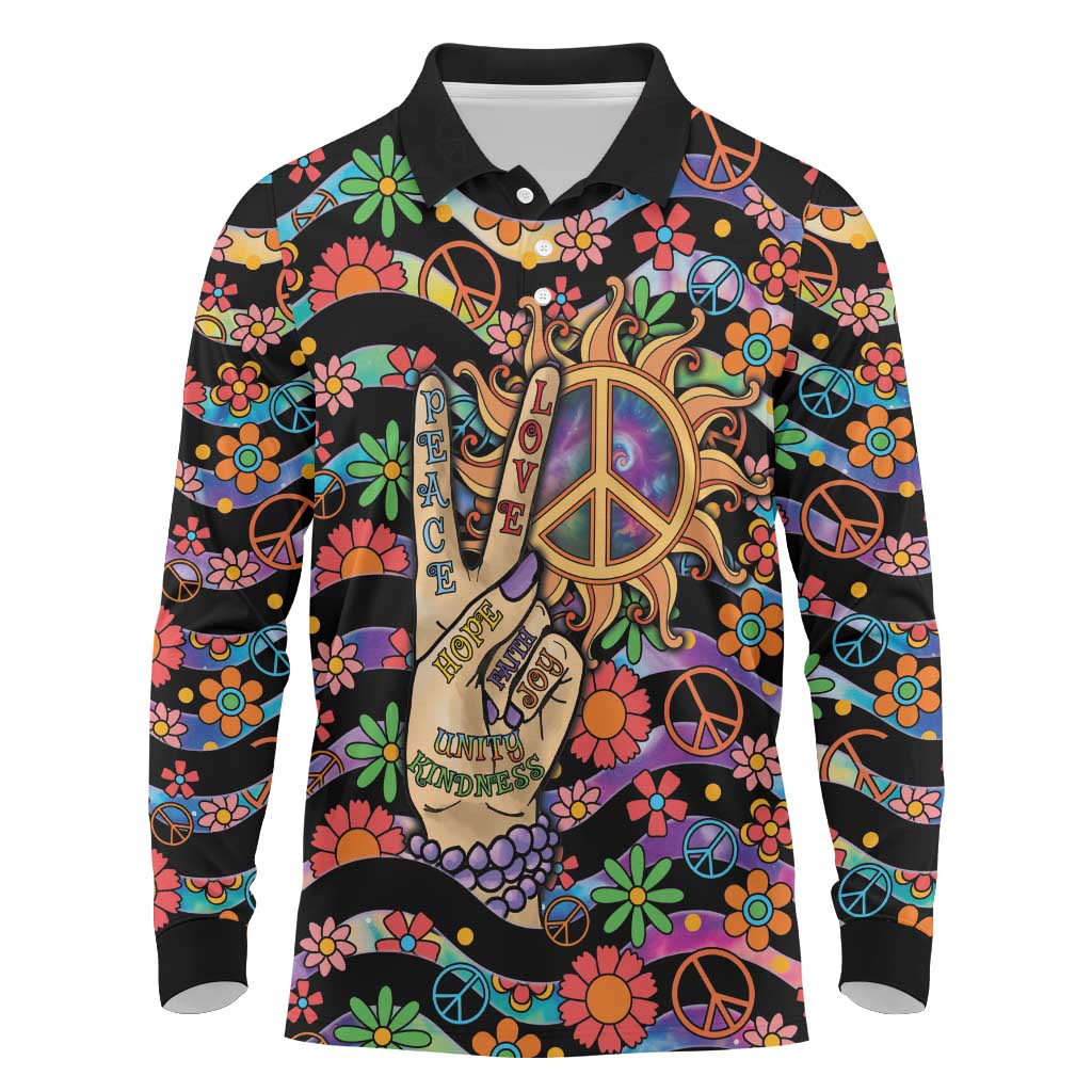 Hippie Long Sleeve Polo Shirt Hand Gesture V With Peace Symbol - Wonder Print Shop