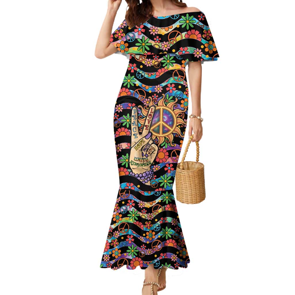 Hippie Mermaid Dress Hand Gesture V With Peace Symbol - Wonder Print Shop