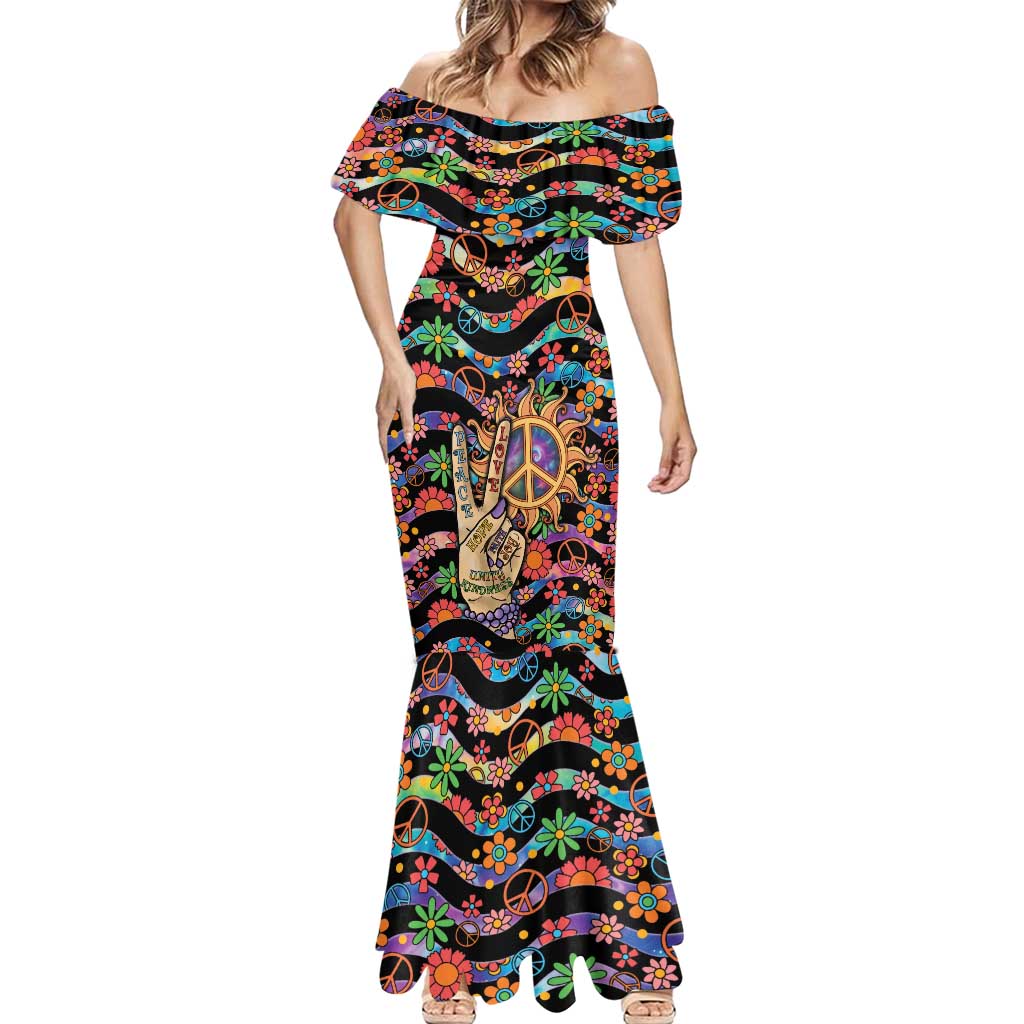 Hippie Mermaid Dress Hand Gesture V With Peace Symbol - Wonder Print Shop