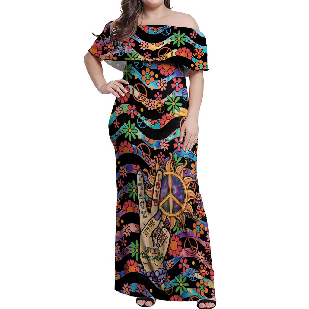Hippie Off Shoulder Maxi Dress Hand Gesture V With Peace Symbol - Wonder Print Shop