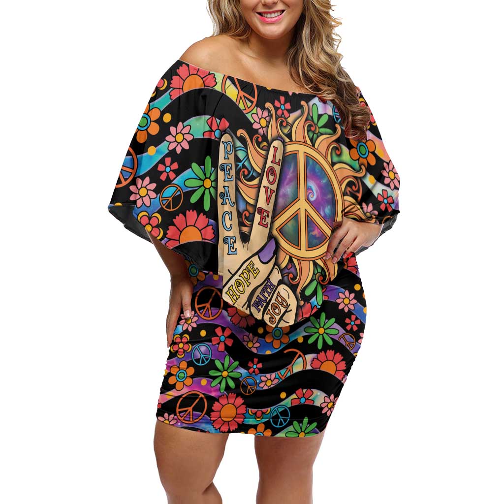 Hippie Off Shoulder Short Dress Hand Gesture V With Peace Symbol - Wonder Print Shop