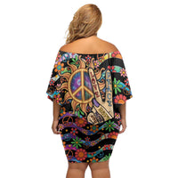 Hippie Off Shoulder Short Dress Hand Gesture V With Peace Symbol - Wonder Print Shop