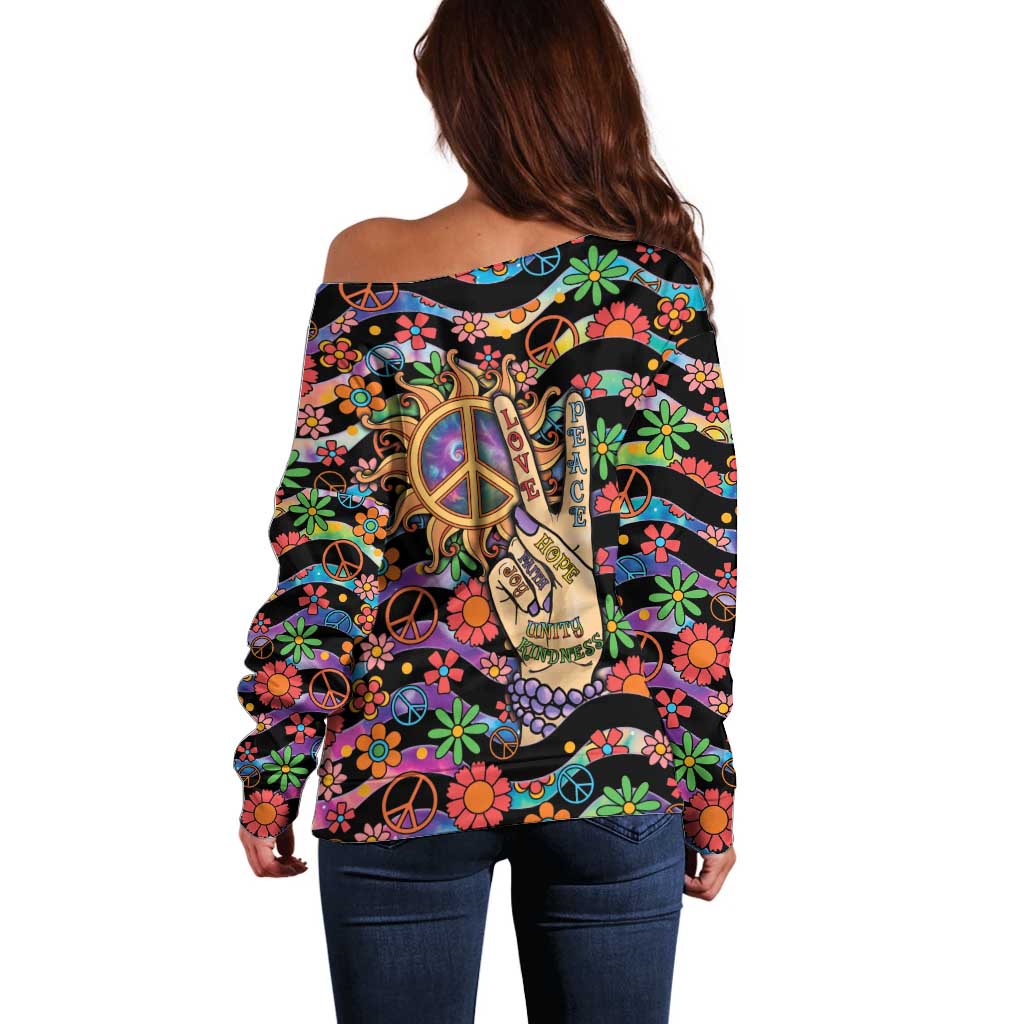 Hippie Off Shoulder Sweater Hand Gesture V With Peace Symbol - Wonder Print Shop