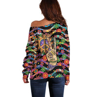 Hippie Off Shoulder Sweater Hand Gesture V With Peace Symbol - Wonder Print Shop