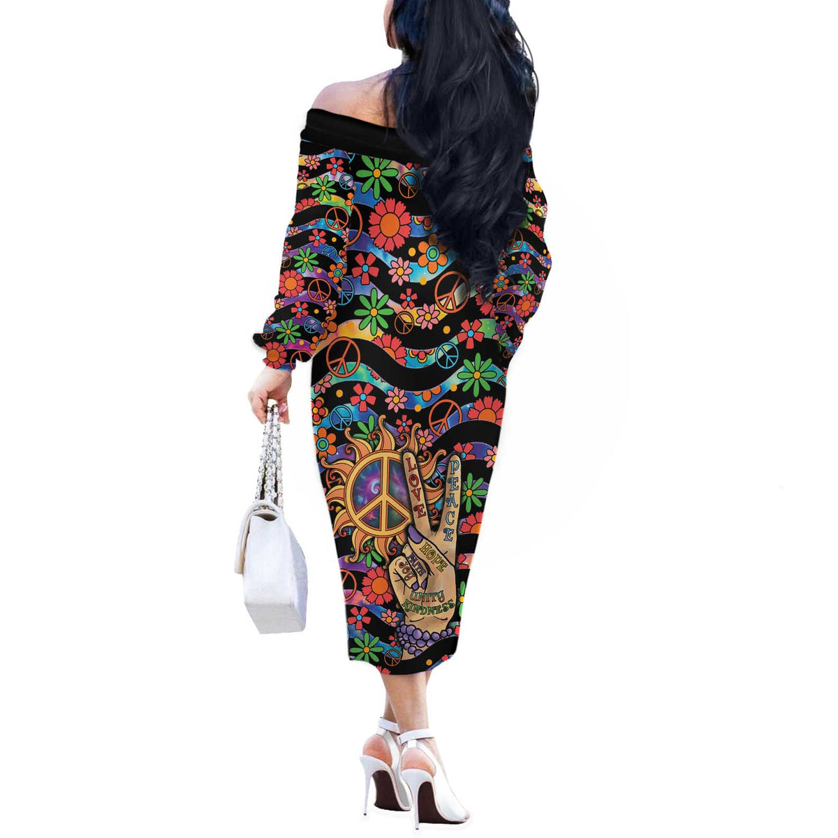 Hippie Off The Shoulder Long Sleeve Dress Hand Gesture V With Peace Symbol - Wonder Print Shop