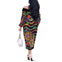 Hippie Off The Shoulder Long Sleeve Dress Hand Gesture V With Peace Symbol - Wonder Print Shop