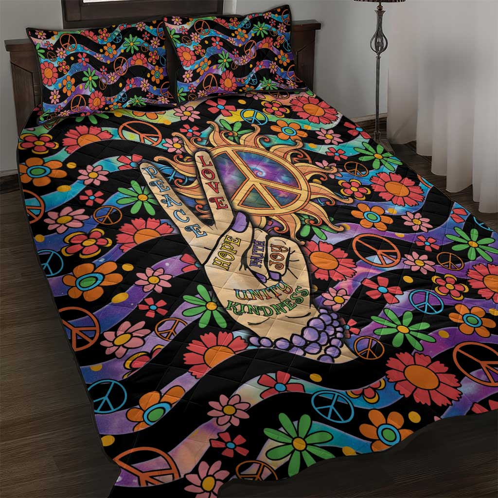 Hippie Quilt Bed Set Hand Gesture V With Peace Symbol - Wonder Print Shop