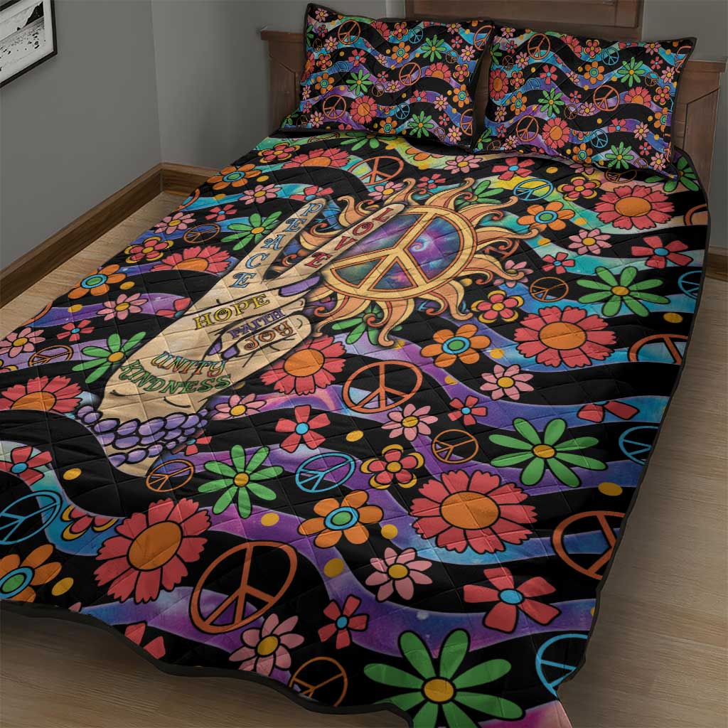 Hippie Quilt Bed Set Hand Gesture V With Peace Symbol - Wonder Print Shop