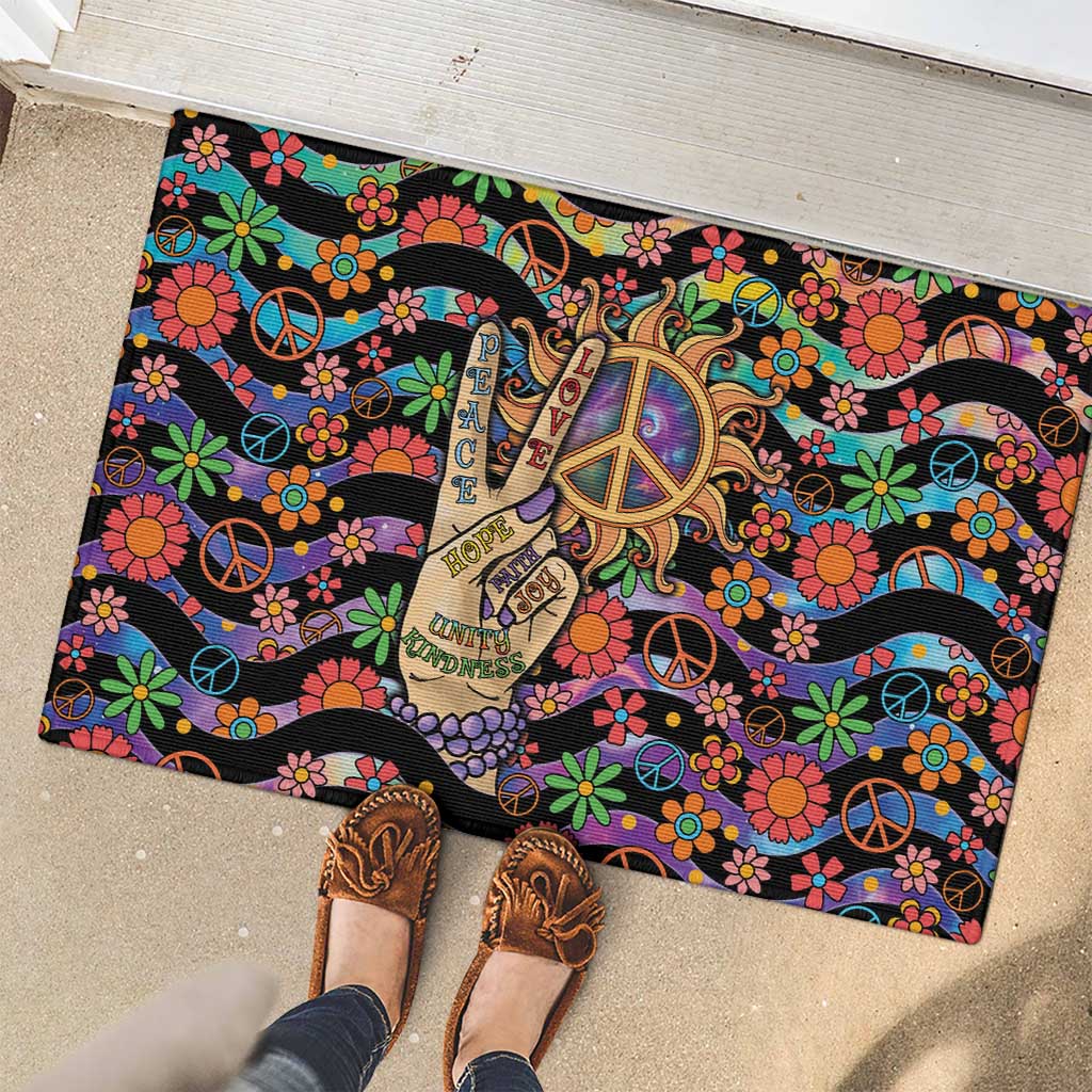 Hippie Rubber Doormat Hand Gesture V With Peace Symbol - Wonder Print Shop