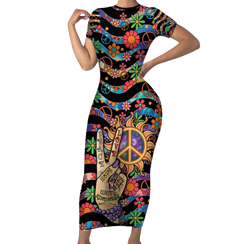 Hippie Short Sleeve Bodycon Dress Hand Gesture V With Peace Symbol - Wonder Print Shop