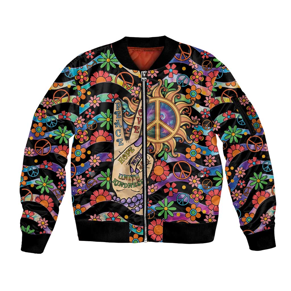 Hippie Sleeve Zip Bomber Jacket Hand Gesture V With Peace Symbol - Wonder Print Shop