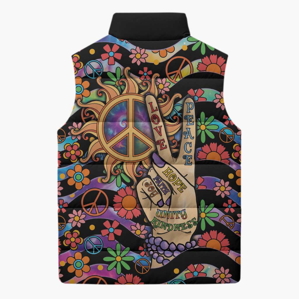 Hippie Sleeveless Puffer Jacket Hand Gesture V With Peace Symbol - Wonder Print Shop