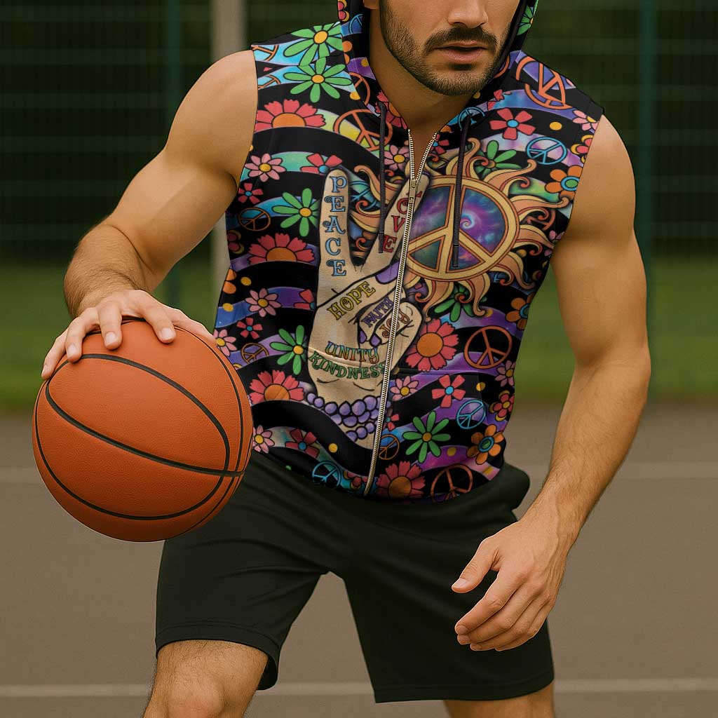 Hippie Sleeveless Zip Hoodie Hand Gesture V With Peace Symbol - Wonder Print Shop