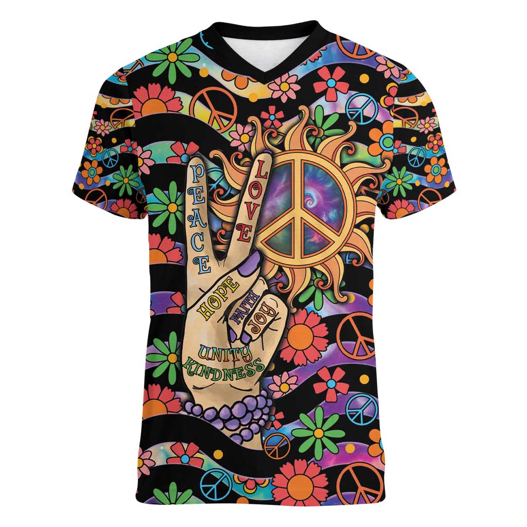 Hippie Women V-Neck T-Shirt Hand Gesture V With Peace Symbol - Wonder Print Shop