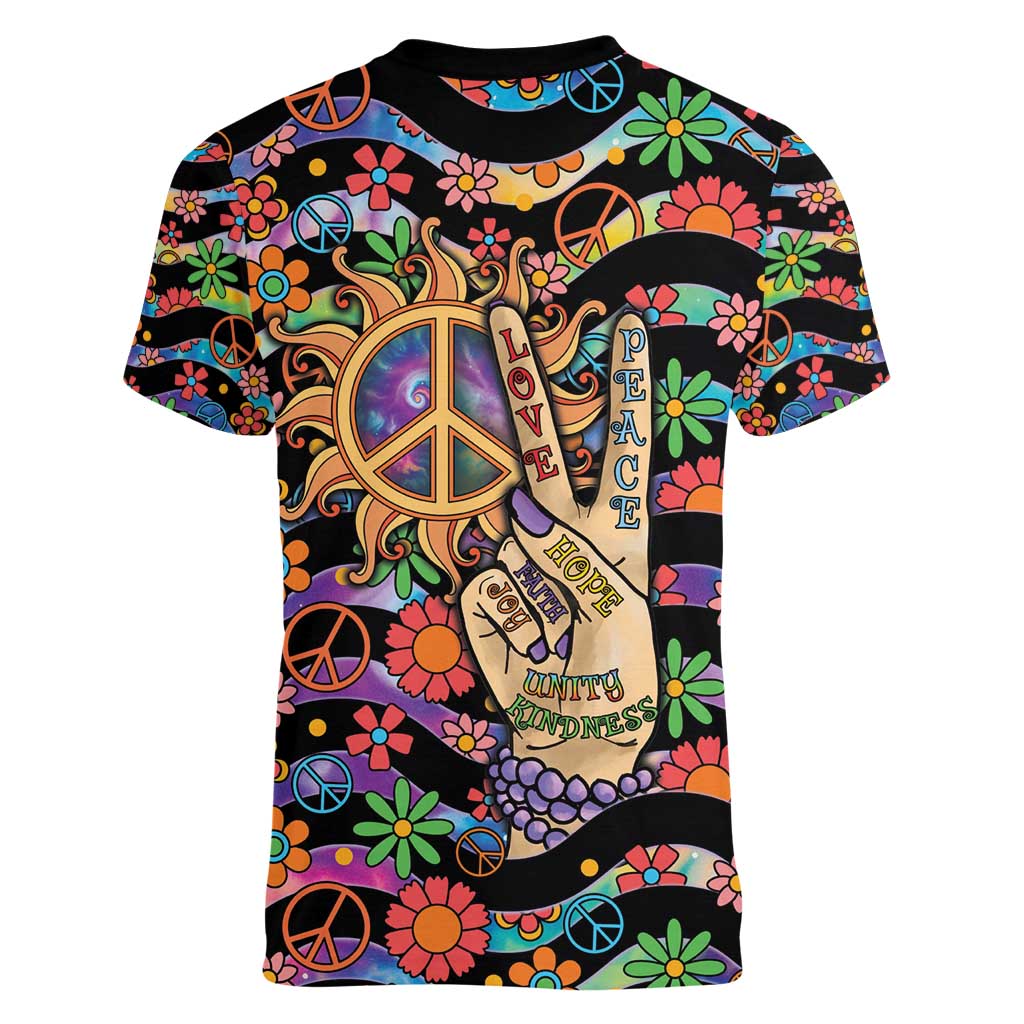 Hippie Women V-Neck T-Shirt Hand Gesture V With Peace Symbol - Wonder Print Shop