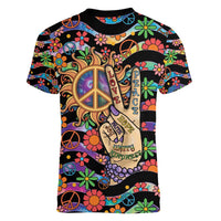 Hippie Women V-Neck T-Shirt Hand Gesture V With Peace Symbol - Wonder Print Shop