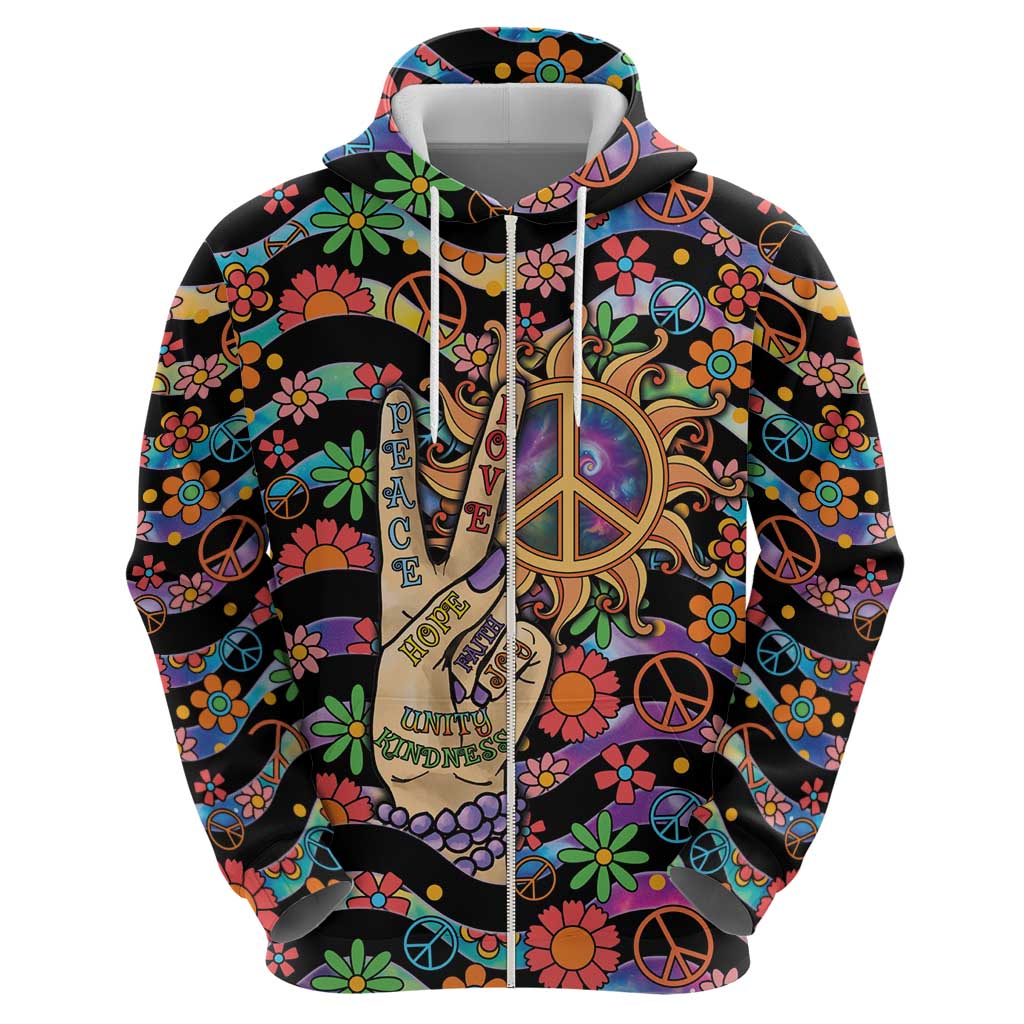 Hippie Zip Hoodie Hand Gesture V With Peace Symbol - Wonder Print Shop