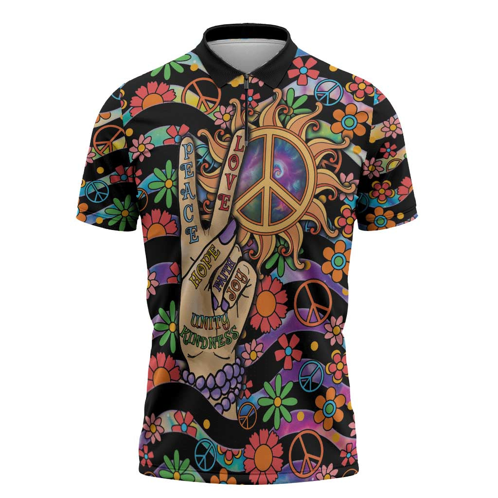 Hippie Zipper Polo Shirt Hand Gesture V With Peace Symbol - Wonder Print Shop