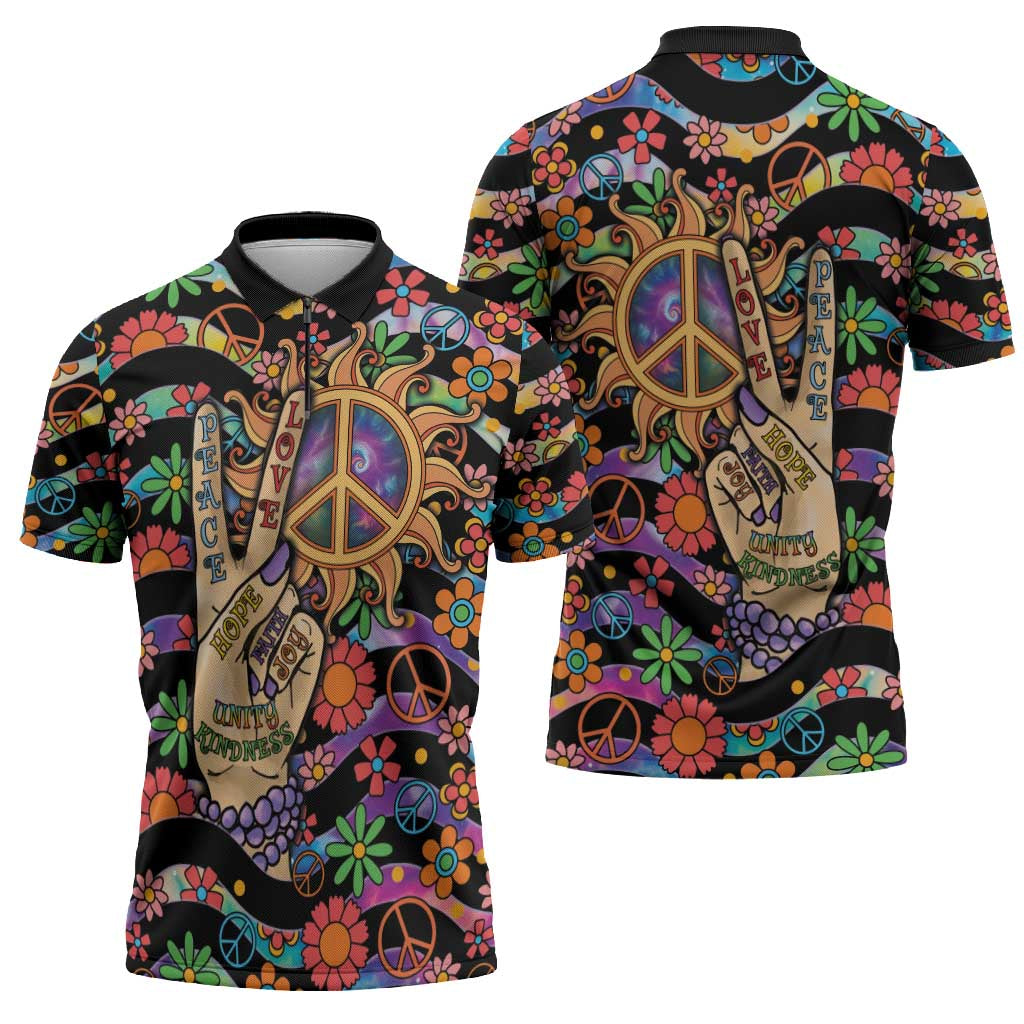 Hippie Zipper Polo Shirt Hand Gesture V With Peace Symbol - Wonder Print Shop