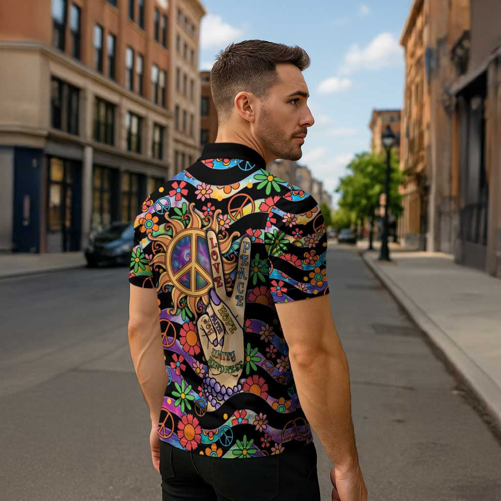 Hippie Zipper Polo Shirt Hand Gesture V With Peace Symbol - Wonder Print Shop