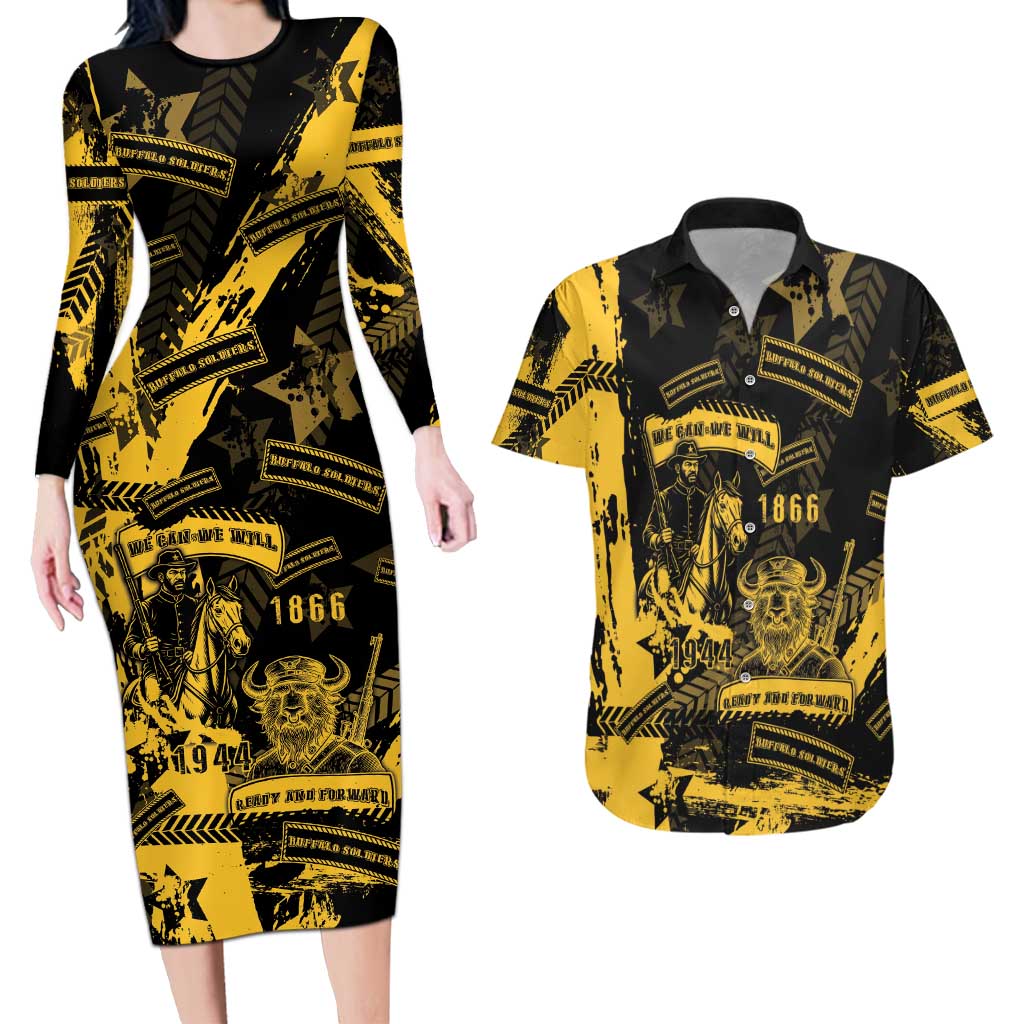 Buffalo Soldiers Couples Matching Long Sleeve Bodycon Dress and Hawaiian Shirt Military Urban Retro Style - Wonder Print Shop