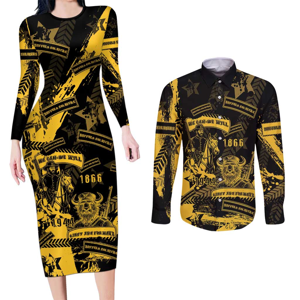 Buffalo Soldiers Couples Matching Long Sleeve Bodycon Dress and Long Sleeve Button Shirt Military Urban Retro Style - Wonder Print Shop