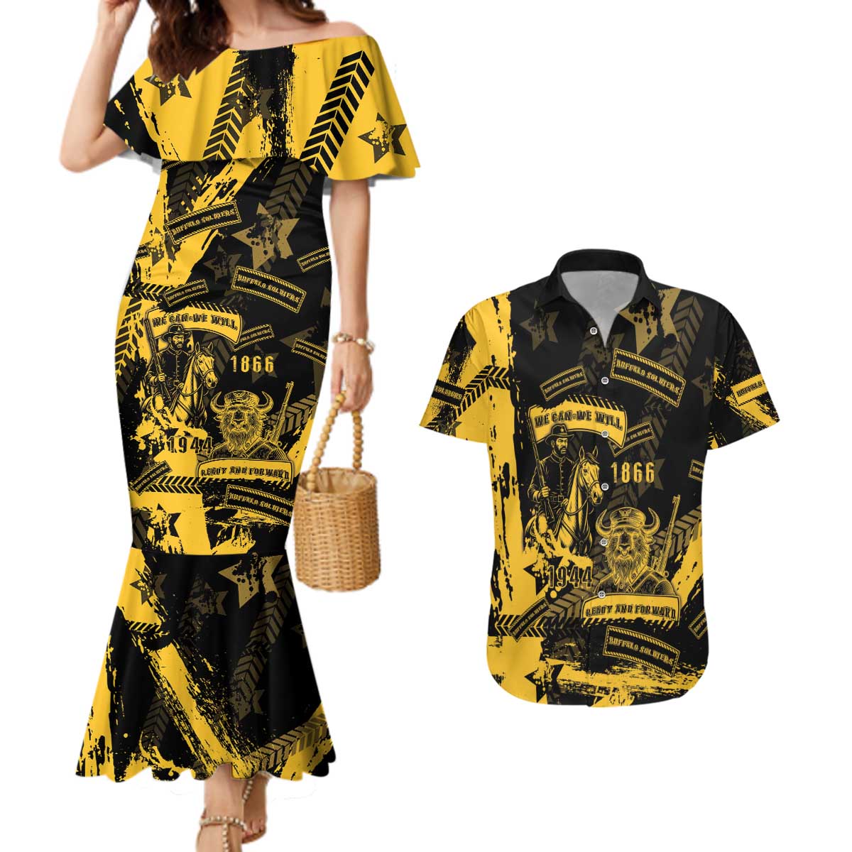 Buffalo Soldiers Couples Matching Mermaid Dress and Hawaiian Shirt Military Urban Retro Style - Wonder Print Shop