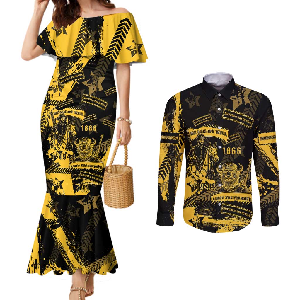 Buffalo Soldiers Couples Matching Mermaid Dress and Long Sleeve Button Shirt Military Urban Retro Style - Wonder Print Shop