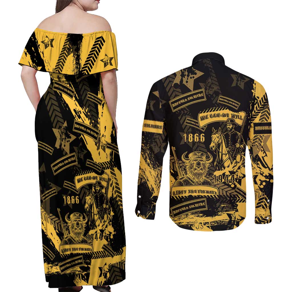 Buffalo Soldiers Couples Matching Off Shoulder Maxi Dress and Long Sleeve Button Shirt Military Urban Retro Style - Wonder Print Shop