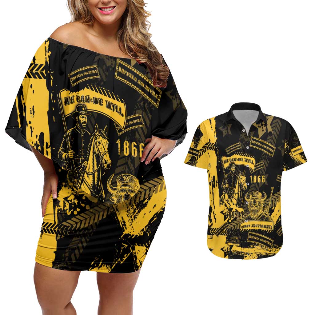 Buffalo Soldiers Couples Matching Off Shoulder Short Dress and Hawaiian Shirt Military Urban Retro Style - Wonder Print Shop