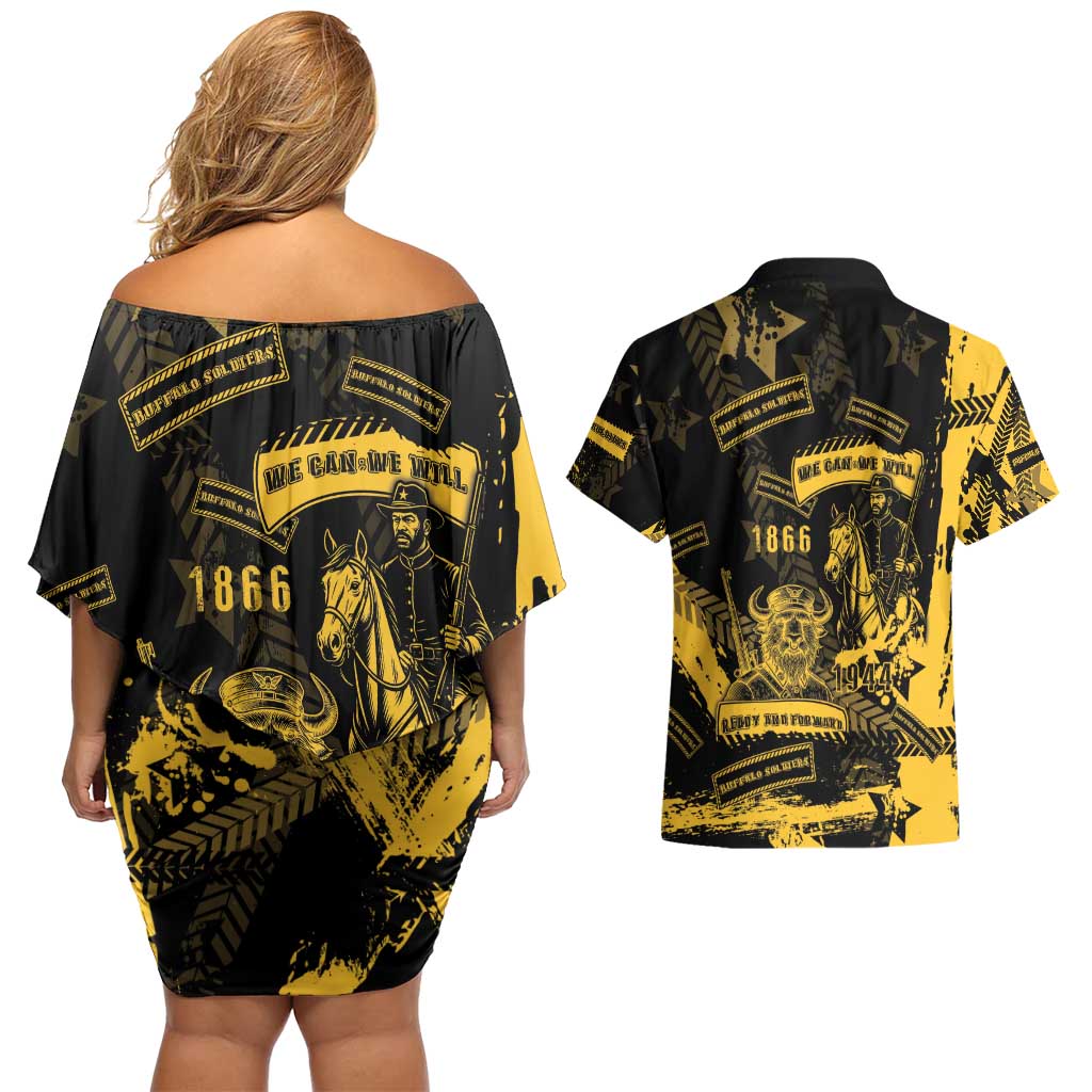 Buffalo Soldiers Couples Matching Off Shoulder Short Dress and Hawaiian Shirt Military Urban Retro Style - Wonder Print Shop
