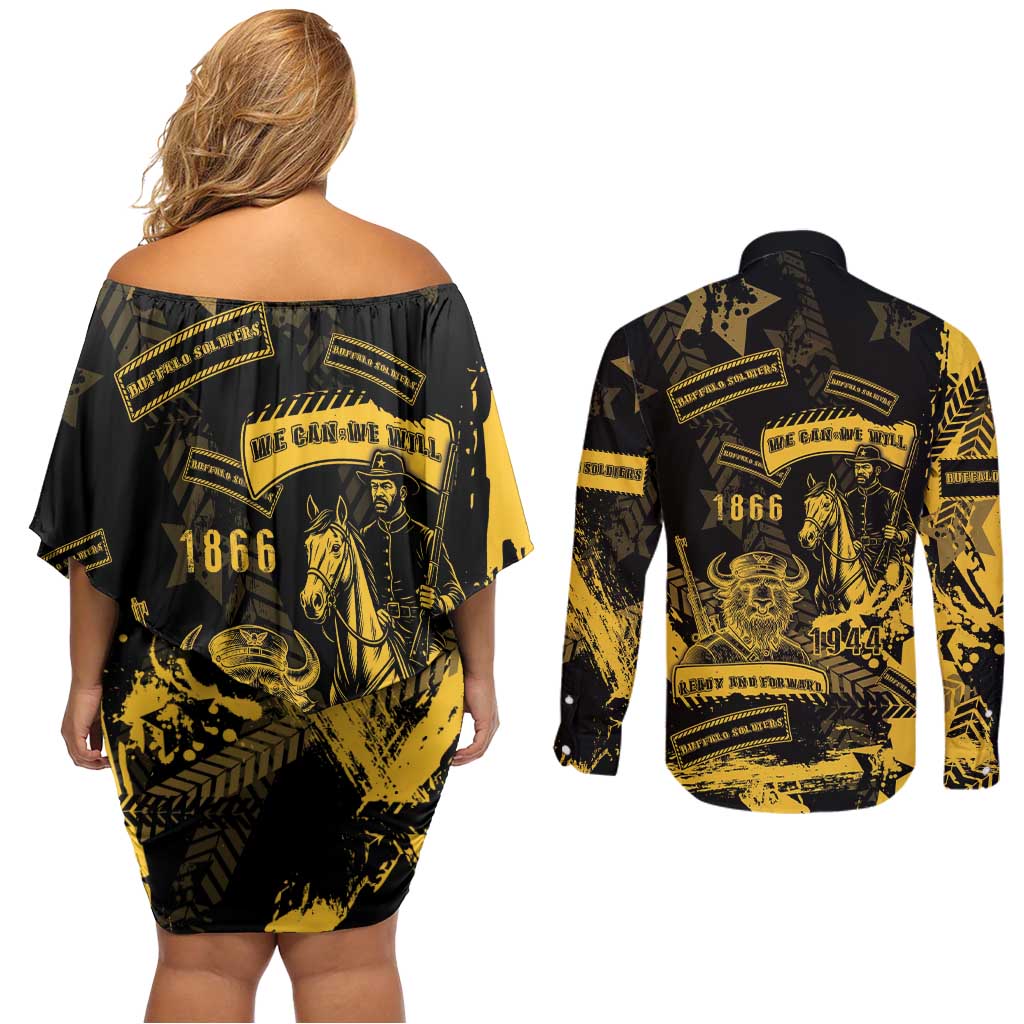 Buffalo Soldiers Couples Matching Off Shoulder Short Dress and Long Sleeve Button Shirt Military Urban Retro Style - Wonder Print Shop