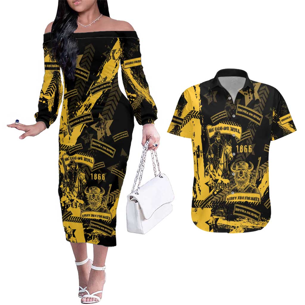 Buffalo Soldiers Couples Matching Off The Shoulder Long Sleeve Dress and Hawaiian Shirt Military Urban Retro Style - Wonder Print Shop