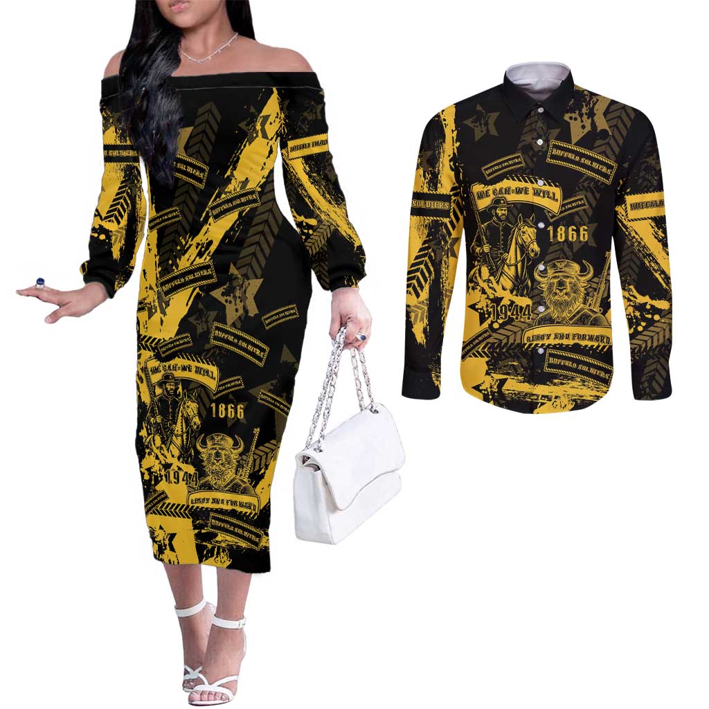 Buffalo Soldiers Couples Matching Off The Shoulder Long Sleeve Dress and Long Sleeve Button Shirt Military Urban Retro Style - Wonder Print Shop