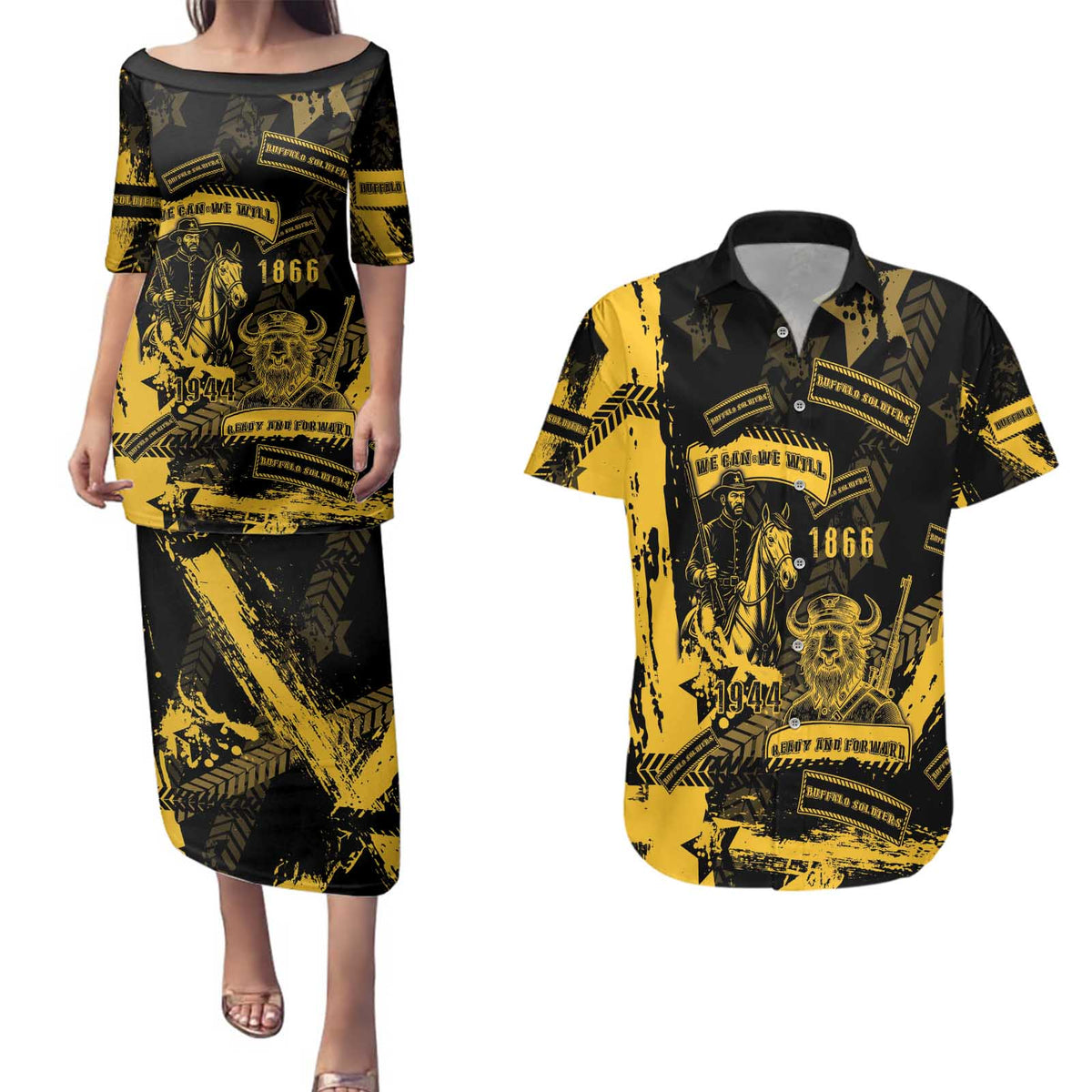Buffalo Soldiers Couples Matching Puletasi and Hawaiian Shirt Military Urban Retro Style - Wonder Print Shop