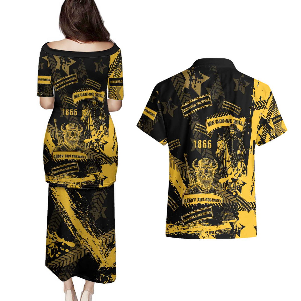 Buffalo Soldiers Couples Matching Puletasi and Hawaiian Shirt Military Urban Retro Style - Wonder Print Shop