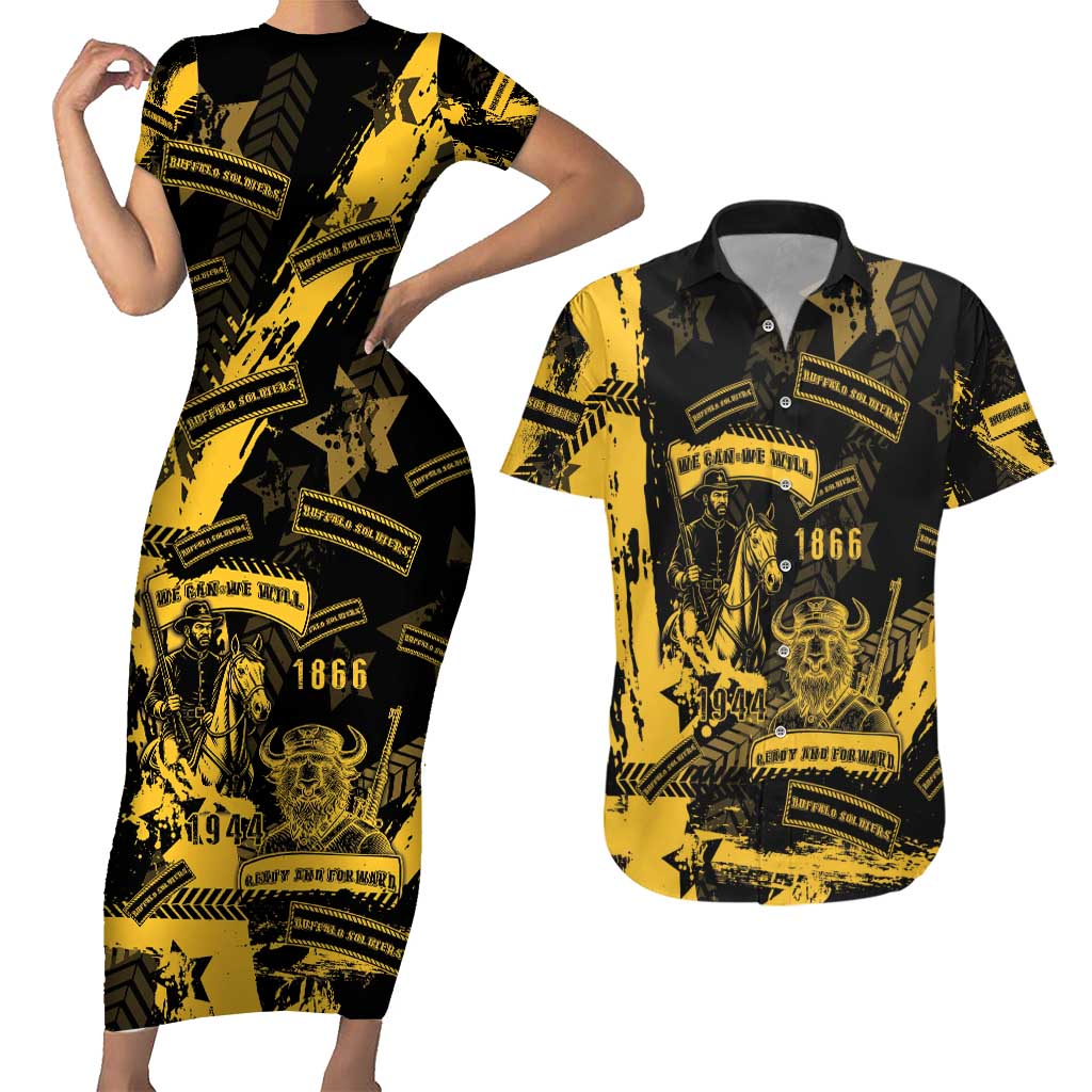 Buffalo Soldiers Couples Matching Short Sleeve Bodycon Dress and Hawaiian Shirt Military Urban Retro Style - Wonder Print Shop
