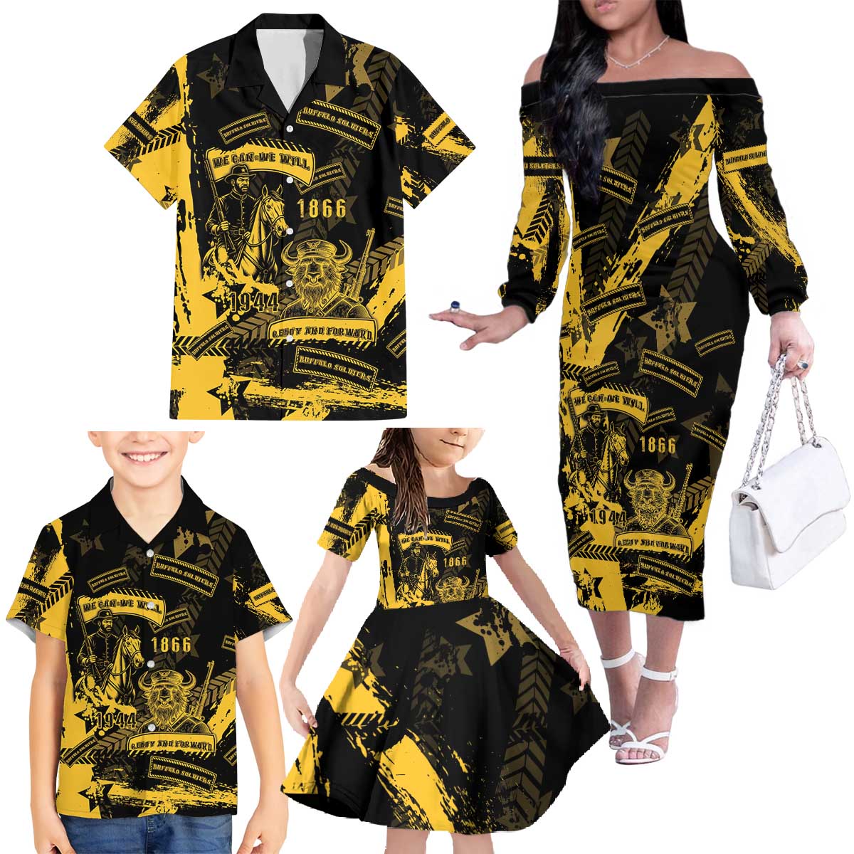 Buffalo Soldiers Family Matching Off The Shoulder Long Sleeve Dress and Hawaiian Shirt Military Urban Retro Style - Wonder Print Shop