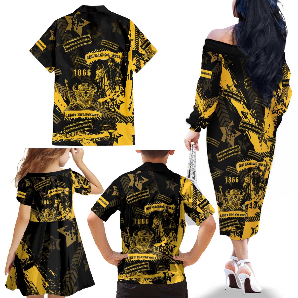 Buffalo Soldiers Family Matching Off The Shoulder Long Sleeve Dress and Hawaiian Shirt Military Urban Retro Style - Wonder Print Shop