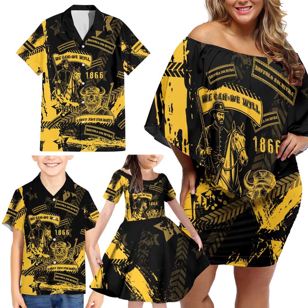Buffalo Soldiers Family Matching Off Shoulder Short Dress and Hawaiian Shirt Military Urban Retro Style - Wonder Print Shop