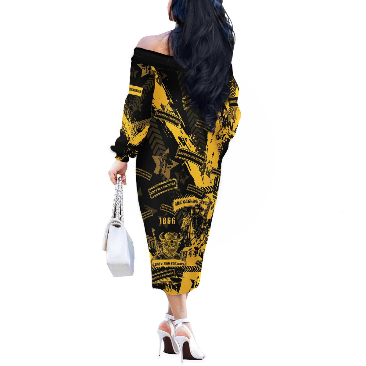 Buffalo Soldiers Off The Shoulder Long Sleeve Dress Military Urban Retro Style - Wonder Print Shop