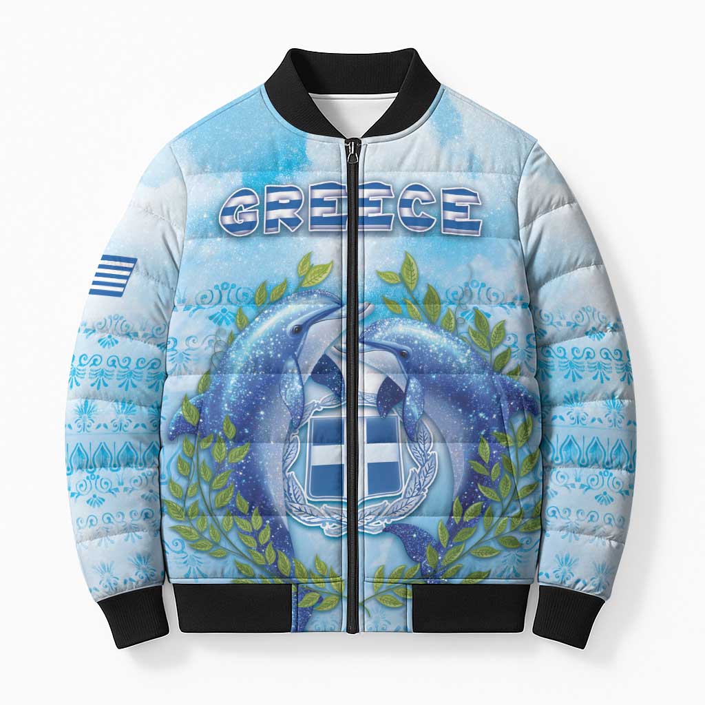 Personalized Greece Bomber Puffer Jacket Dolphins And Symbol - Wonder Print Shop