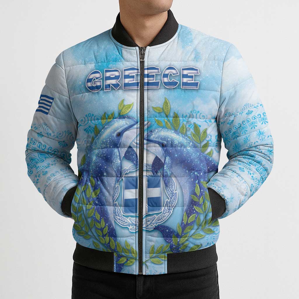 Personalized Greece Bomber Puffer Jacket Dolphins And Symbol - Wonder Print Shop