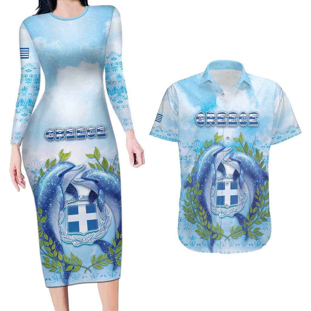 Personalized Greece Couples Matching Long Sleeve Bodycon Dress and Hawaiian Shirt Dolphins And Symbol - Wonder Print Shop