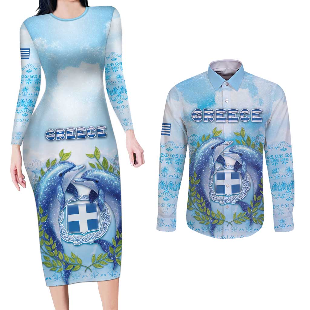 Personalized Greece Couples Matching Long Sleeve Bodycon Dress and Long Sleeve Button Shirt Dolphins And Symbol - Wonder Print Shop