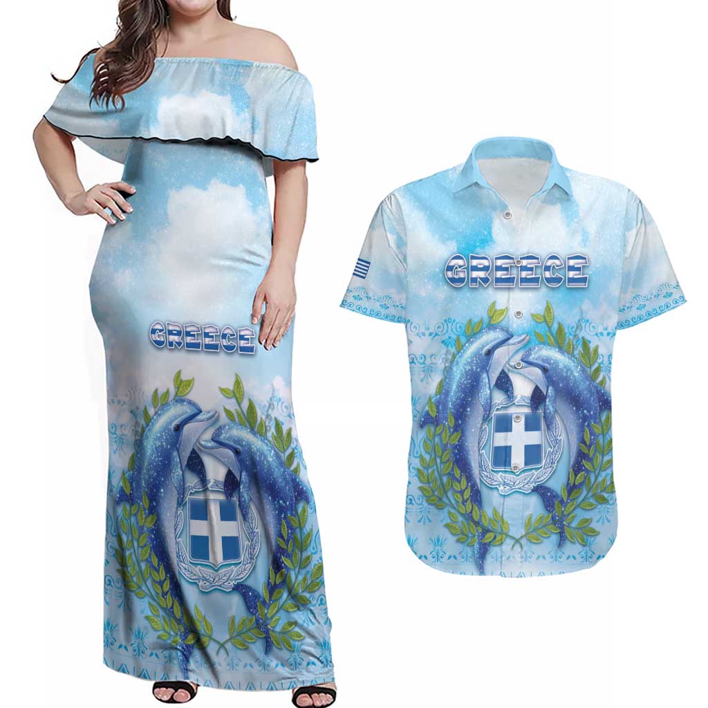 Personalized Greece Couples Matching Off Shoulder Maxi Dress and Hawaiian Shirt Dolphins And Symbol - Wonder Print Shop