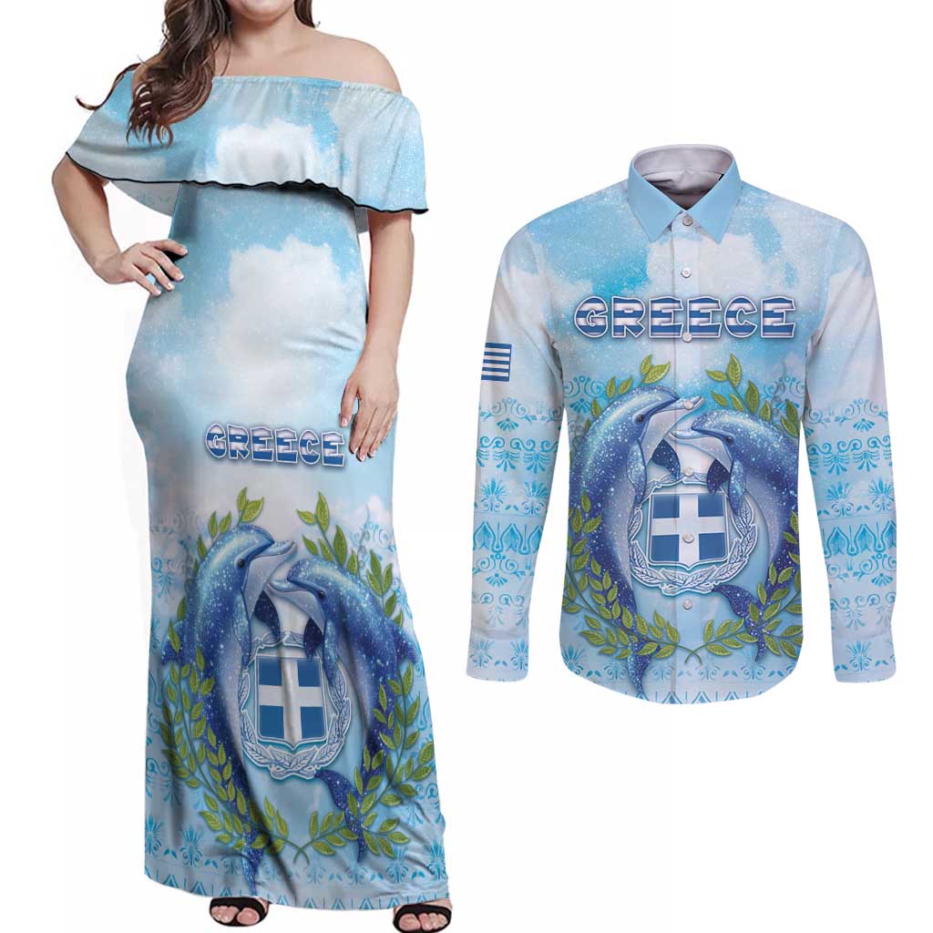 Personalized Greece Couples Matching Off Shoulder Maxi Dress and Long Sleeve Button Shirt Dolphins And Symbol - Wonder Print Shop